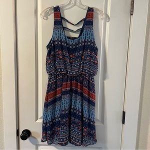 Women’s Sleeveless Blue Multi Colored Geo Pattern Dress